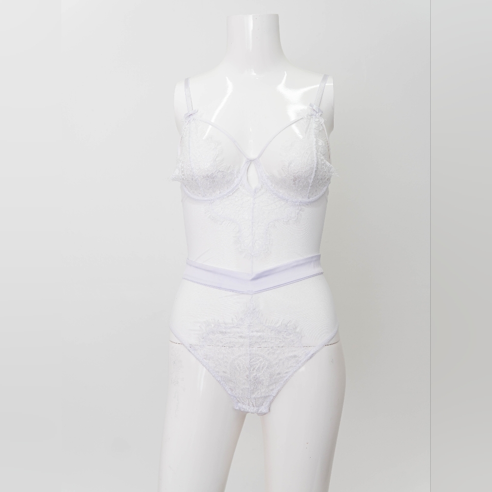 Women sheer and lace white teddy bodysuit lingerie